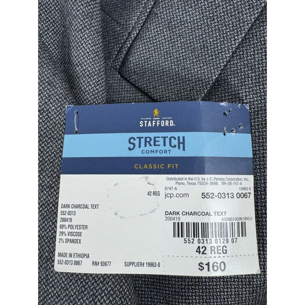 Stafford Men's‎ Dark Charcoal Classic Fit Stretch Comfort Blazer Jacket 42 Reg